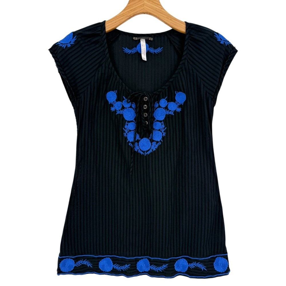 Free People Black Blue Embroidered Tunic Semi Sheer Cap Sleeve Henley Top Size 4